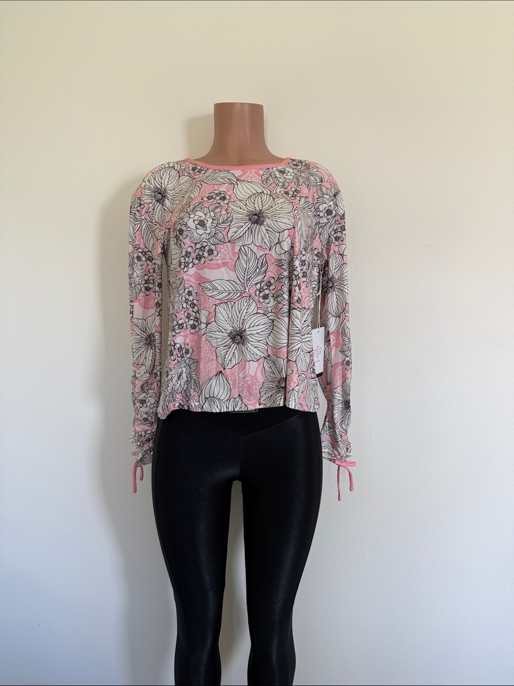 Johnny Was Pink and Black Floral Long-Sleeve Tee size small